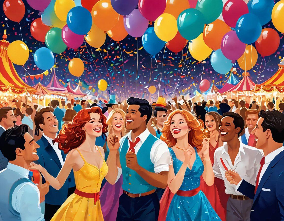 A whimsical illustration depicting a vibrant carnival scene filled with colorful lights and laughter, where playful adult entertainers mingle with joyful festival-goers. Elements of seduction are depicted through flirtatious costumes and playful interactions, set against a backdrop of oversized balloons and confetti. The overall mood is light-hearted and fun, inviting viewers to embrace both laughter and allure. vector art. vibrant colors. playful atmosphere.