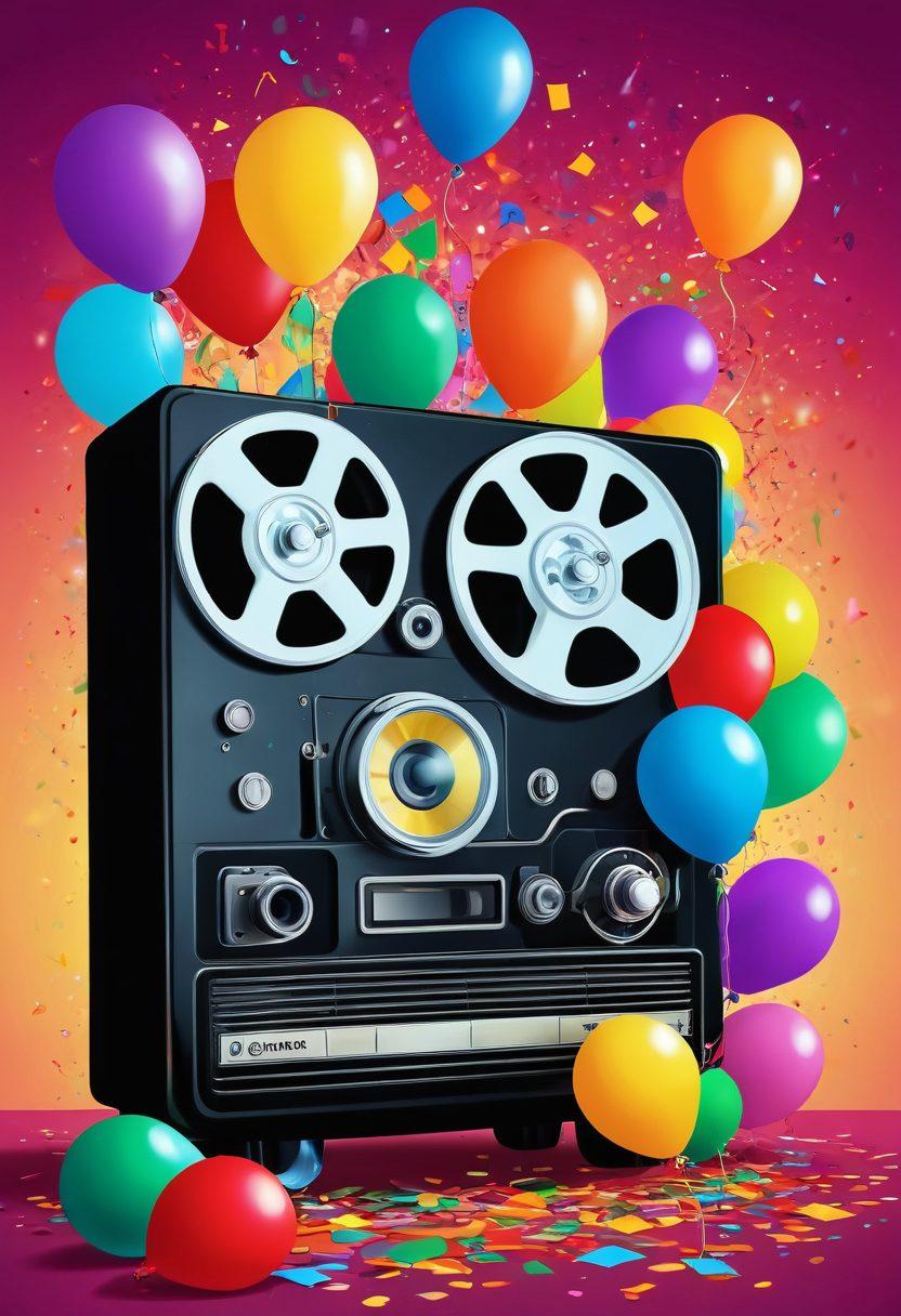 A whimsical and playful scene featuring colorful abstract shapes and playful characters, hinting at adult entertainment in a light-hearted way. Include a vintage movie projector casting X-rated film reels with soft, warm lighting, and elements of joy and fun like confetti or balloons. The backdrop should be vibrant and inviting, sparking curiosity while maintaining a tasteful and respectful tone. vector art. vibrant colors. soft focus.